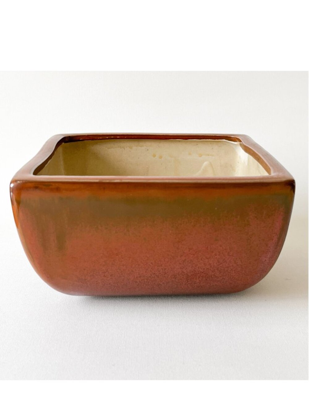 Reddish Brown Square Ceramic Planter Pot 7" MCM Glossy Textured Finish